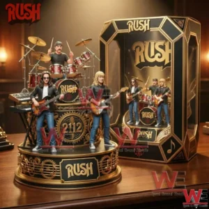 Collectible figure set of the band Rush performing on stage with instruments and themed display base!