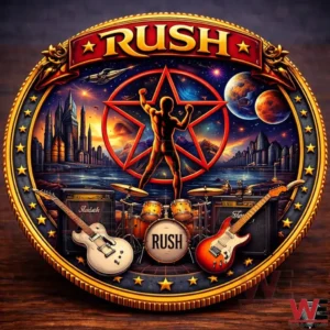 Rush commemorative coin showing a heroic figure with drums guitars a red star planets and a futuristic city!
