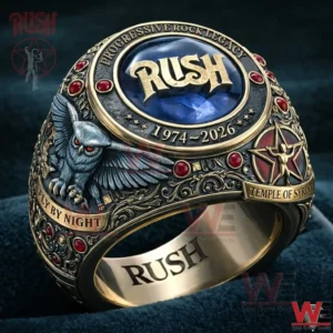Close view of Rush legacy ring with engraved details and gemstone accents!