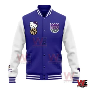 Front view of purple Sacramento Kings Hello Kitty baseball jacket!