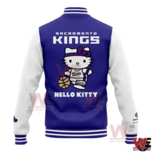 Back view of Sacramento Kings Hello Kitty baseball jacket with large graphic!
