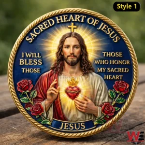 Sacred Heart of Jesus coin showing Jesus with glowing heart halo cross and roses!