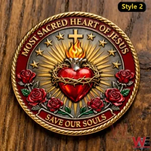 Sacred Heart of Jesus coin with flaming heart crown of thorns and red roses!