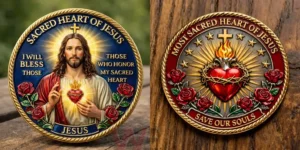 Two Sacred Heart of Jesus commemorative coins placed side by side!