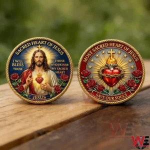 Two Sacred Heart of Jesus coins in different designs on wooden surface!