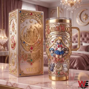 Sailor Moon themed gold insulated tumbler with detailed character artwork and decorative box!