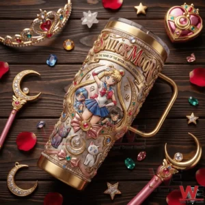 Sailor Moon themed insulated tumbler on wooden background with magical accessories!