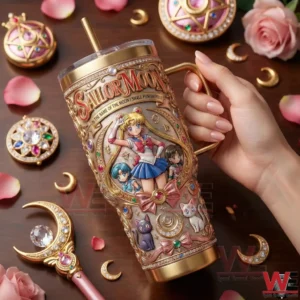 Hand holding Sailor Moon themed gold insulated tumbler with detailed character design!
