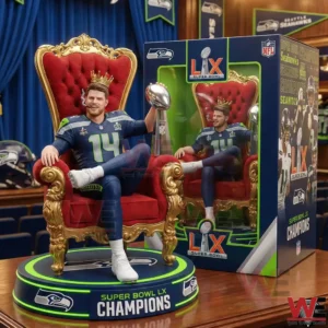 Seahawks player figure sitting on a throne holding a championship trophy!