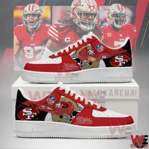 Red and white San Francisco 49ers themed sneakers with team logos and helmet graphics displayed on a box.