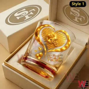 San Francisco 49ers themed whiskey glass with gold heart and helmet design in gift box!