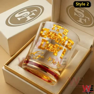 San Francisco 49ers game day whiskey glass with bold gold lettering in gift box!