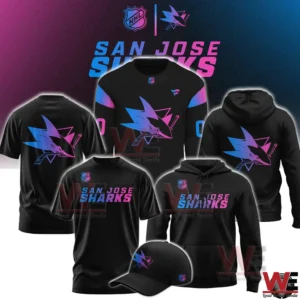 San Jose Sharks cyberpunk style shirts hoodies jerseys and cap displayed together!