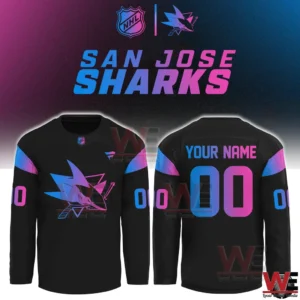 San Jose Sharks long sleeve jersey with customizable name and number in neon style!