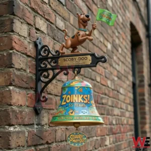 Scooby Doo themed Zoinks anniversary wall bell mounted on a black bracket on a brick wall!