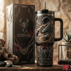 Scorpion themed insulated tumbler with detailed metallic scorpion design and matching black box!