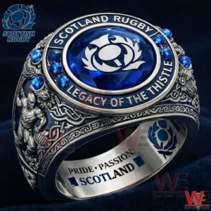 Silver ring with blue gemstone and Scotland Rugby emblem Legacy of the Thistle design!