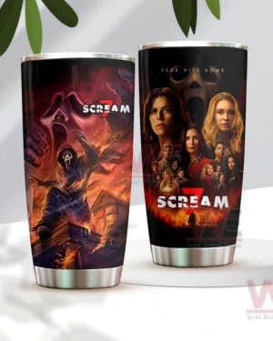Scream movie tumbler with horror character artwork on both sides!