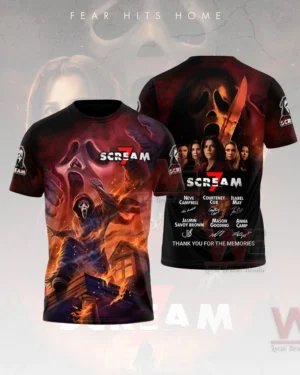Black horror shirt with masked figure fire background and movie inspired artwork!