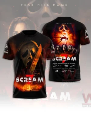 Black Scream shirt with masked face artwork on front and character collage on back!
