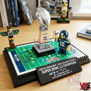 Seattle Seahawks Super Bowl LX champions building brick set with trophy and player figure on football field base!