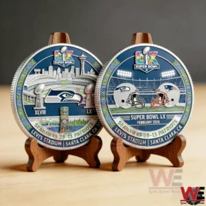 Seattle Seahawks Super Bowl LX commemorative coin front and back on wooden stands!