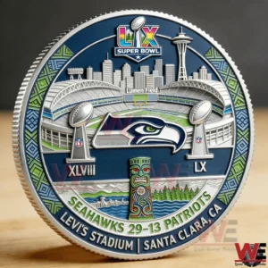 Close up of Seattle Seahawks Super Bowl LX commemorative coin front design!