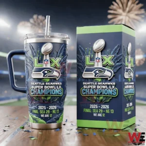 Seattle Seahawks Super Bowl LX Champions tumbler with straw next to a matching box!