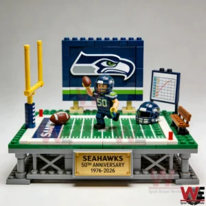 Seahawks anniversary brick building set with football player and team logo display!
