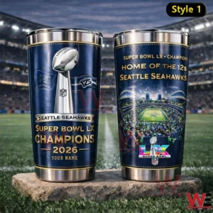 Seattle Seahawks Super Bowl champions stainless steel tumbler on a football field!