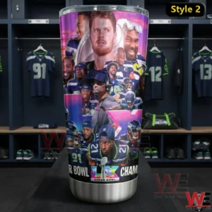 Seattle Seahawks player collage tumbler displayed in a locker room!