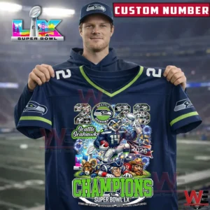 Man holding Seattle Seahawks champions Super Bowl jersey in stadium!