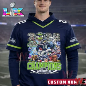 Model wearing Seattle Seahawks champions Super Bowl jersey on field!