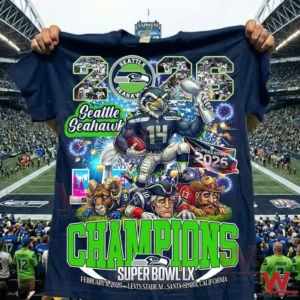 Seattle Seahawks Champions Super Bowl shirt held up in a crowded football stadium!