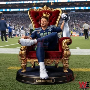 Sam Darnold in Seattle uniform sitting on a royal throne holding a championship trophy on a football field!