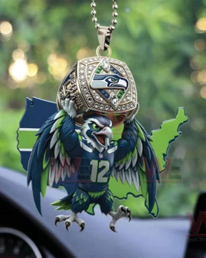 Seahawks eagle mascot car ornament holding Super Bowl LX championship ring!