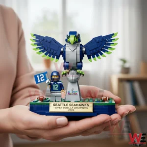Brick built Seattle Seahawks display with bird mascot and player figure held in two hands!