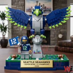 Seattle Seahawks brick built bird mascot and player figure on a champion style base on a table!