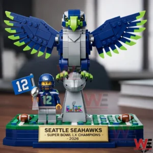 Close view of Seattle Seahawks brick built bird mascot with wings and player figure on a display base!