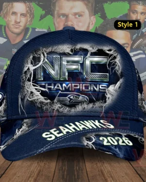 Navy blue Seattle Seahawks NFC Champions 2026 distressed cap with torn fabric design.