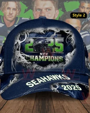 Navy Seahawks 2025 NFC Champions cap with ripped fabric graphic design.