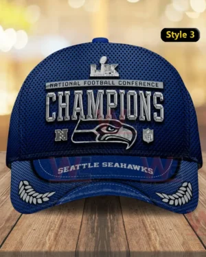 Blue Seattle Seahawks National Football Conference Champions cap with team logo.