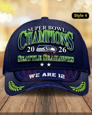 Navy Seattle Seahawks Super Bowl Champions 2026 cap with bold green lettering.