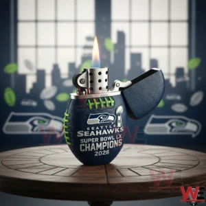 Football shaped Seattle Seahawks Super Bowl LX lighter on table!