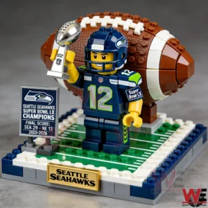 Building brick Seattle Seahawks player holding a trophy in front of a football display!