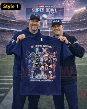 Two men holding a Super Bowl LX Seahawks vs Patriots T shirt on a football field with fireworks in the stadium.