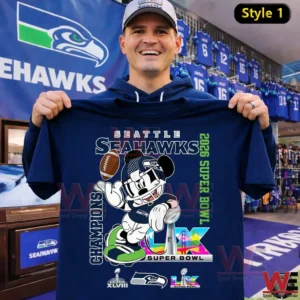 Man holding navy Seattle Seahawks championship shirt with cartoon football character in team store!