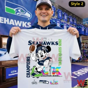Man holding white Seattle Seahawks championship shirt with cartoon football character in store!