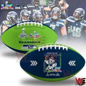 Two Seattle Seahawks Super Bowl footballs with championship graphics and player background!