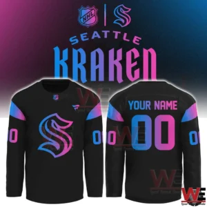 Seattle Kraken cyberpunk style long sleeve hockey jersey shown from front and back!
